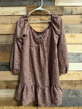 Lily Rose Brown Floral Peasant Dress with Ruffle Hem
